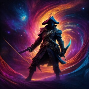 A mysterious chiaroscuro galactic pirate, their silhouette sharp...