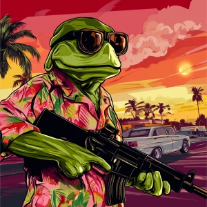 MEME PEPE in GTA art style — Preparing for war — in the style of...