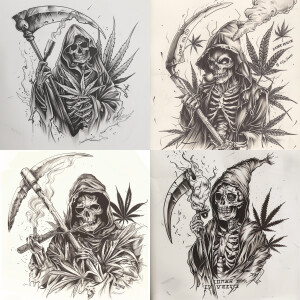 A tattoo sketch of Death holding a scythe, wearing a hood, and h...