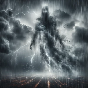 Double exposure horror thunderstorm heavy rain drops entity