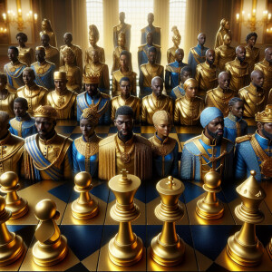 3-D realistic oil, painting,of a gold and black human chessboard...
