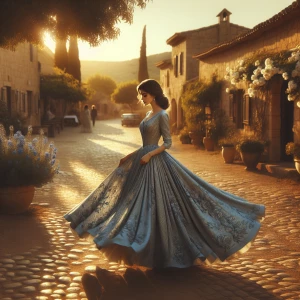 A young woman wearing a finely detailed blue dress, walking along a cobblestone path in a quiet village. Her dress flows gracefully as she moves, and the scene is illuminated by the golden hues of a setting sun, casting long shadows across the quaint, flower-filled square