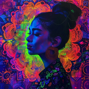 A portrait of a woman against a detailed mandala pattern glowing...