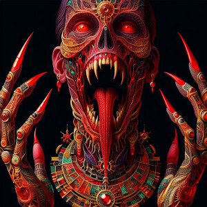 Create an image of a vampiric witch with elongated ruby and emer...