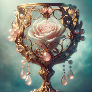 A fantastical and ornate golden goblet cradles a single, delicat...