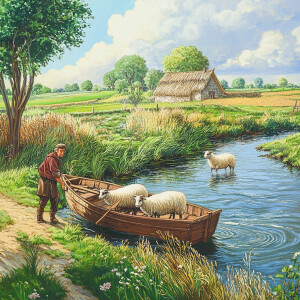 A farmer with a sheep and a goat is standing on the left bank of...