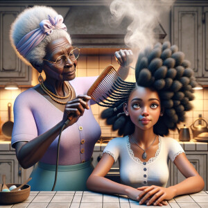 Create a realistic 3-D image of an african-American grandmother in the kitchen with her african-American granddaughter. The grandmother has a hot comb in her hair and she is straightening her granddaughters hair. One side of her granddaughters hair is in  a Afro the other is bone straight 
There is smoke coming from the hot comb