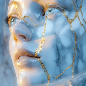 A Woman's Face Sculpted from Carrara Marble, veins of shimmering...