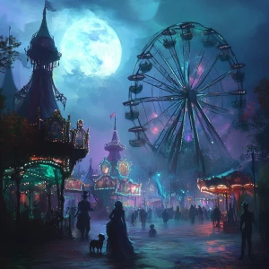 Illustrate a ghostly carnival that appears only on moonlit night...
