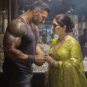 Hyperrealism photo painting.a muscular beefy tattoed gujarati sw...