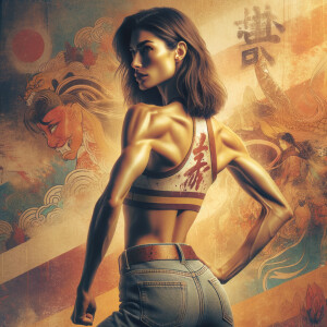 Athletic Thin skinny Attractive, Asian teenage girl, long brown hair and bangs, wearing tight skinny jeans and a halter top paint marks on her clothing, heroic pose Asian graffiti background, backside view