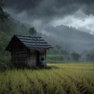 a small child in a hut in the middle of a rice field was taking...
