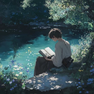 Create an image of an anime-style boy influenced by Pre-Raphaeli...