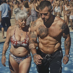 Hyperrealistic painting,a pool party new york summer resort,a mu...