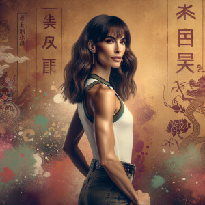 Athletic Thin skinny Attractive, Asian teenage girl, long brown hair and bangs, wearing tight skinny jeans and a halter top paint marks on her clothing, heroic pose Asian graffiti background, backside view