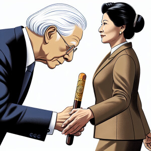 A picture of Donald Trump, bowing down graciously welcoming Kama...