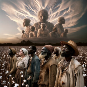 Slaves from the 1600s looking up at a cloud formation, the cloud...