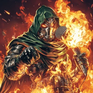 A menacing hip hop MC metallic Doom type of marvel character wra...