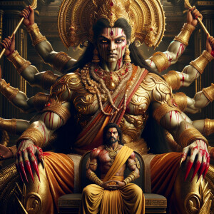 portrait of angry looking, muscular, four-armed indian goddess...