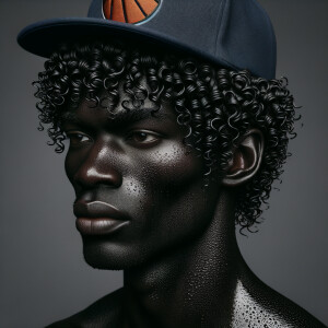 Black male, wet Jheri curls, Chicago bulls hat, frowning