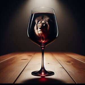 A wine glass sitting on the table, red wine inside of it, a refl...