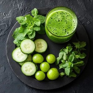 a black plate with various natural ingredients and a glass of fresh green juice. The ingredients include:

Indian Gooseberry (Amla) – The small greenish-yellow fruits at the bottom left. Amla is rich in Vitamin C and known for its health benefits, including boosting immunity and improving digestion.
Cucumber – A whole cucumber and several cucumber slices are on the right. Cucumbers are hydrating, rich in antioxidants, and help with detoxification.
Curry Leaves – The dark green leaves on the left side of the plate. Curry leaves are known for their digestive benefits and ability to improve hair and skin health.
Mint Leaves – The bright green leaves at the bottom of the plate. Mint is widely used for its refreshing taste and digestive benefits.
Green Juice – A glass of fresh green juice made from the ingredients on the plate. This juice is likely a detox drink with hydrating and immunity-boosting properties.
This type of juice is often consumed for its cooling effect, detox benefits, and to promote overall health. Would you like a recipe or more details about its benefits?