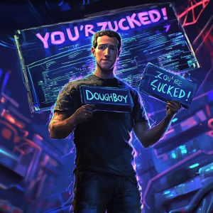 A surreal, hyper-detailed digital illustration of Mark Zuckerber...