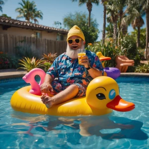 "A mischievous garden gnome with oversized sunglasses, riding a...