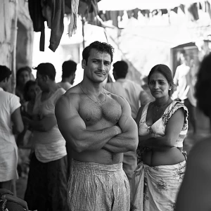 An Indian man with a muscular build, identifiable as a criminal,...