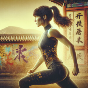 Athletic Thin skinny Attractive, Asian teenage girl, long brown hair and bangs, wearing tight skinny jeans and a halter top paint marks on her clothing, heroic pose Asian graffiti background, backside view