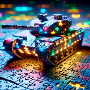 Generate an image of a tank made from different color neon puzzl...