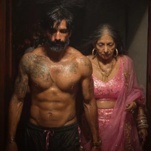 Hyperrealism oil painting.a gujarati muscular beefy bearded tatt...