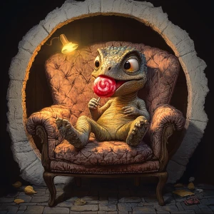 A cute little dinosaur with a fun, happy expression, is sitting on a vintage quilted reading chair.  His head shows the nobbed spikes of a dinosaur. He has a bright shiny red lollipop in his hand and is licking it. His tongue shows that he is licking the lollipop. The scene is shown in dark lighting with the light accetuated on the dinosaur. The scene is shown through a hole in the wall. The floor part of the scene is vintage dark cobble stones. The hole in the white wall is realistic.