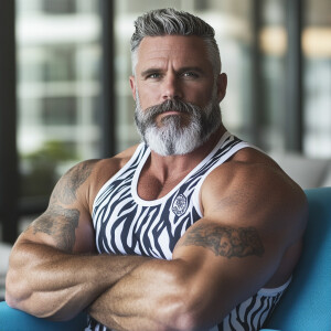 The image shows a white man with a beard , gray haired muscular...