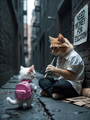 A tiny, fluffy white kitten wearing a pink dress and a pink back...