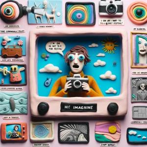A surreal stop-motion clay character is holding a camera and rec...