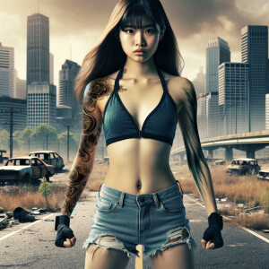 Thin Asian teen girl wearing tight jeans and a halter top Long brown hair and bangs, tattoos on her arms, athletic heroic pose