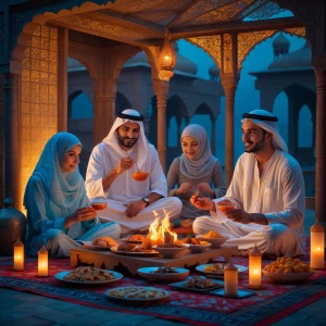 Eine beduinische Familie in einer wüstenähnlichen Gegend, hocken...