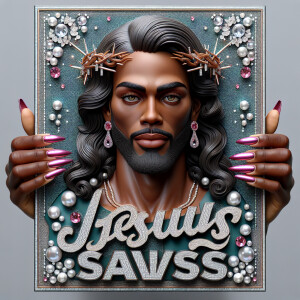 A 3D realistic artwork featuring the phrase 'Jesus Saves' adorne...