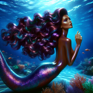 beautiful mermaid dark brown skin , brown skin long wavy hair,...