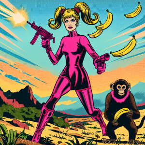 Comic book style blonde in pink unitard, pig tails.bananas as we...