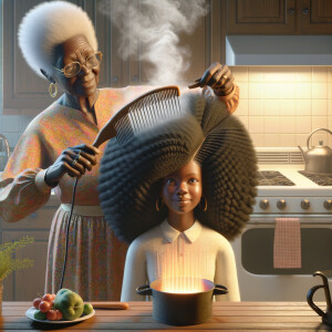 Create a realistic 3-D image of an african-American grandmother in the kitchen with her african-American granddaughter. The grandmother has a hot comb in her hair and she is straightening her granddaughters hair. One side of her granddaughters hair is in  a Afro the other is bone straight 
There is smoke coming from the hot comb