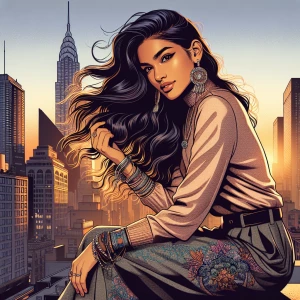 A serene scene of a young woman perched on a city rooftop at sun...