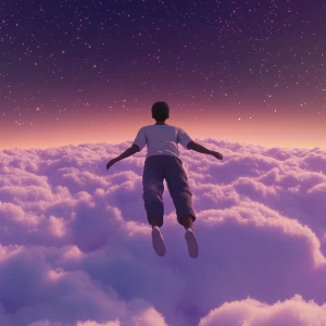 Please generate a black person floating above the clouds at nigh...