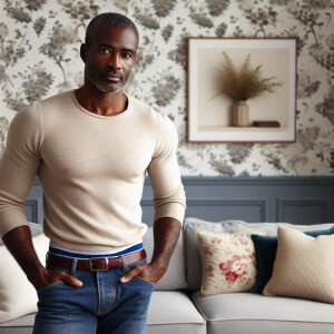 a person wearing a beige top and blue jeans with blue boxer brie...