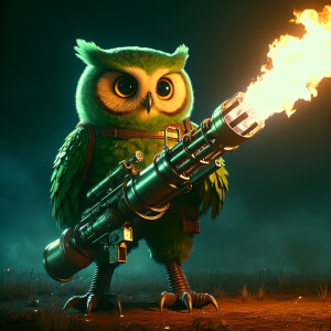 Duolingo owl with a flamethrower