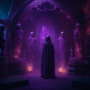 A spooky humanoid figure made of glistening amethyst crystal, de...