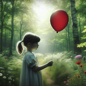 Draw a picture of a little girl holding a red balloon in a fores...