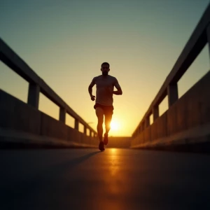 Silhouette of a runner mid-stride on an empty road or bridge at...