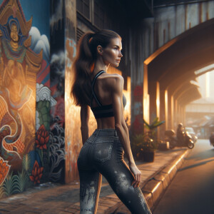 Athletic Thin skinny Attractive, Asian teenage girl, long brown hair and bangs, wearing tight skinny jeans and a halter top paint marks on her clothing, heroic pose Asian graffiti background, backside view